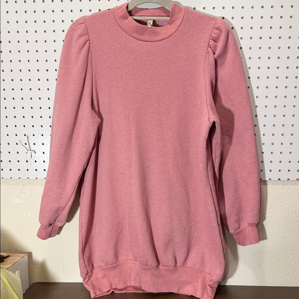 Free People Pink Long Sleeve Puff Shoulder Sweatshirt Dress